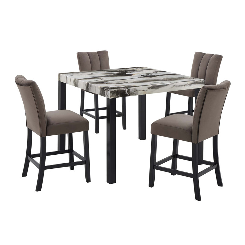 5PCS Table de salle à manger carrée en faux marbre avec chaises rembourrées