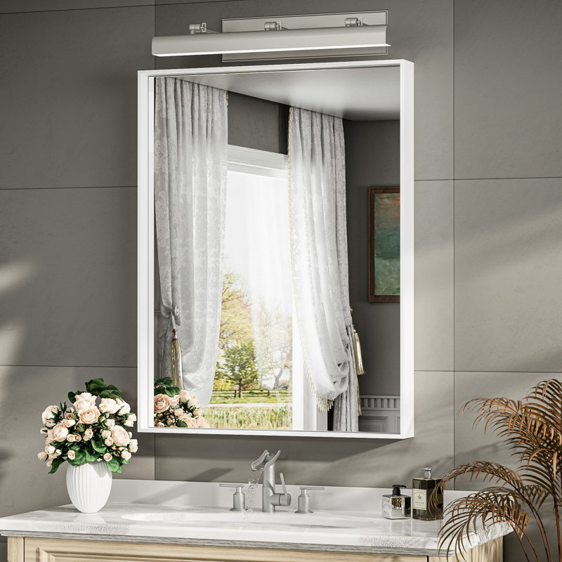 Miroir mural français en verre trempé et en alliage d'aluminium, Blanc, 32 po x 24 po