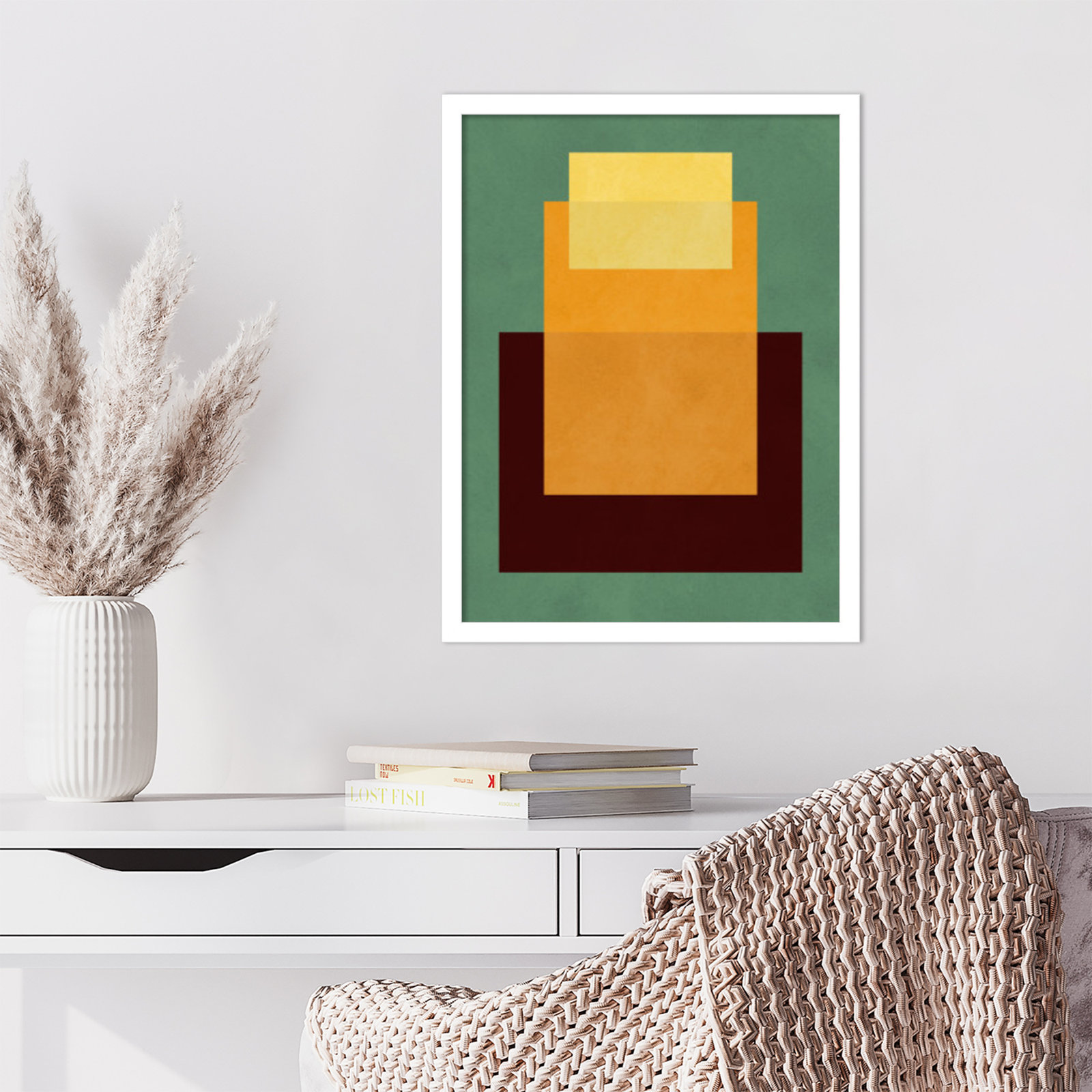Overlapping Geometry 10 Print, Green/Orange, 21" H x 16" W, White