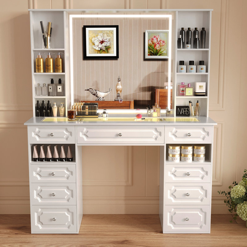 Vanity Set With Extra Large Lighted Mirror, Top Dressing Table With 9 Drawers, Makeup Vanity With Storage Bench, European Style Vanity, Adjustable Brightness Vanity For Bedroom(white-b)