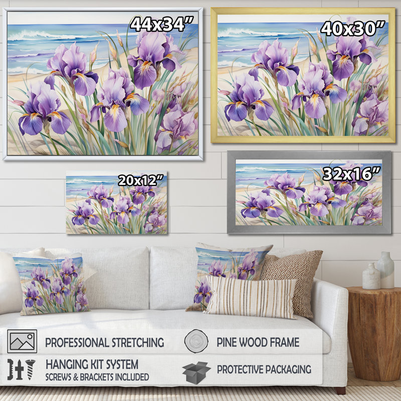 " Purple Irises On The Beach ", 12" H x 20" W x 1" D, Natural Floater Framed