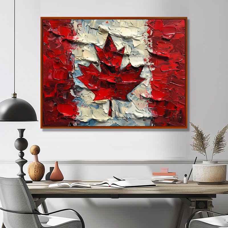 Drapeau du Canada II - Décoration murale drapeau, Toile brune avec cadre flottant, H 24 po x l 32 po x P 1 po