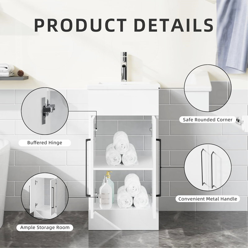 Petit meuble-lavabo simple 16 po, meuble de salle de bain autoportant moderne avec lavabo encastré blanc, armoire de rangement en bois 2 portes, blanc