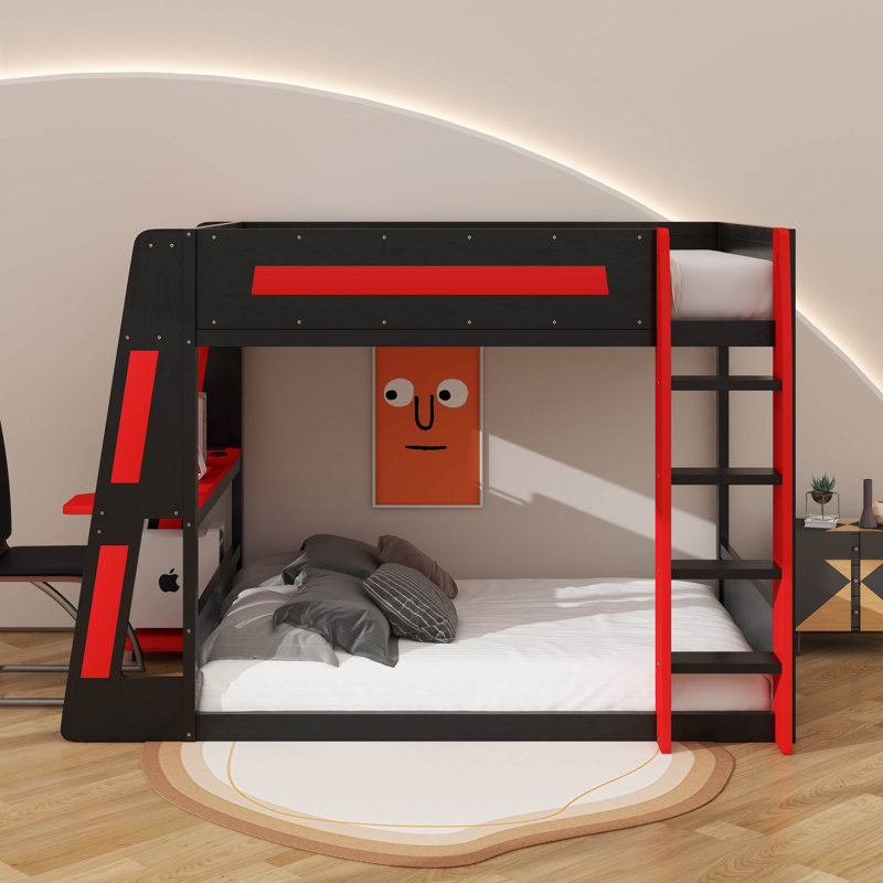 Full Size Wooden Gaming Bunk Bed With Desk, Shelves,USB And LED Light, Full, Black/Red