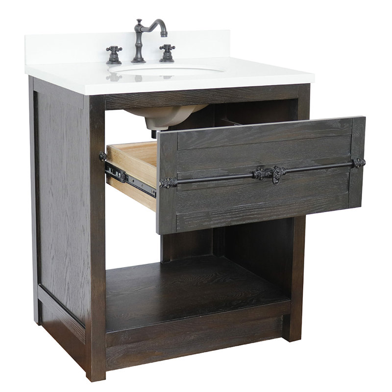 Zigler 31'' Single Bathroom Vanity with Top, Brown Ash, White Quartz