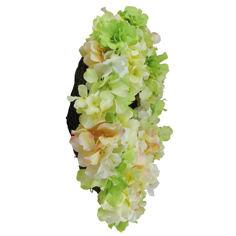 Couronne florale d'hortensia, H 4 po x l 16 po x P 4 po, Vert et rose