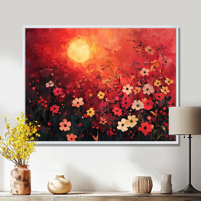 Isabeya Red Sunset Wildflowers Glory III - Art mural fleurs sauvages, H 30 po x l 40 po, Impression encadrée flottante, Blanc