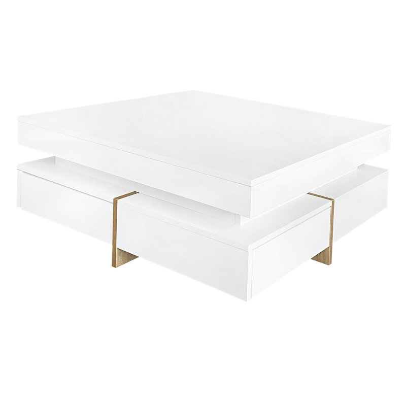 Table basse 31,5 po x 31,5 po avec surface blanche brillante, 4 tiroirs, panneau de particules, salon multicolore, finition ultrabrillante, pieds en grain de bois, 31,5 po x 31,5 po