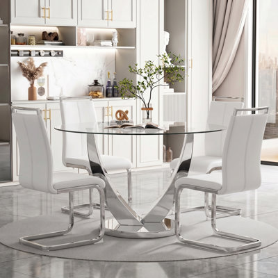 Modern Faux Leather Cantilever Dining Chairs with Chrome Base and Metal Handle (Set of 4)