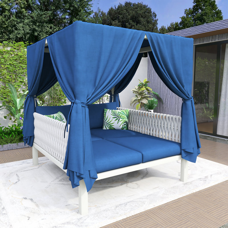Outdoor Patio Sunbed With Curtains, Blue