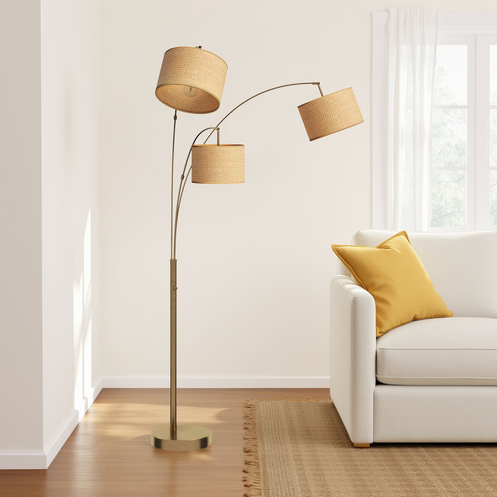 Felice 74'' Floor Lamp, Antique Brass, Natural/Beige