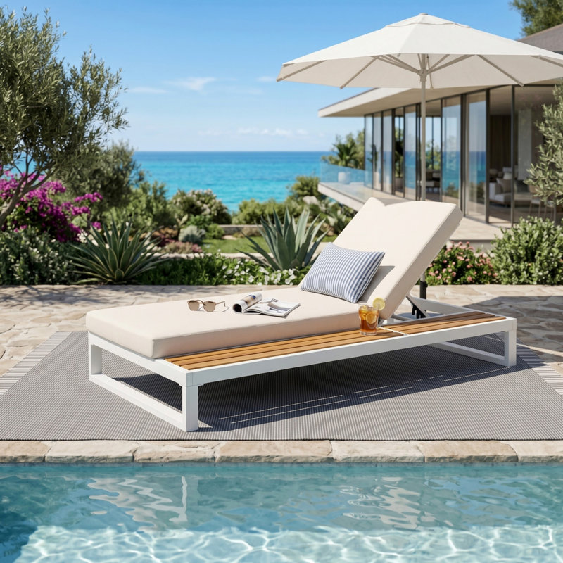 Structure de chaise longue avec dossier réglable à 5 positions, coussin résistant à l'eau pour la piscine