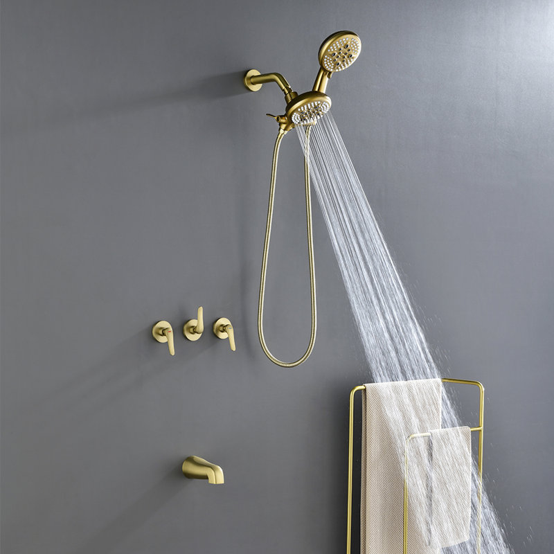 Ensemble de robinet de douche à 3 poignées avec système de douche, Or brossé