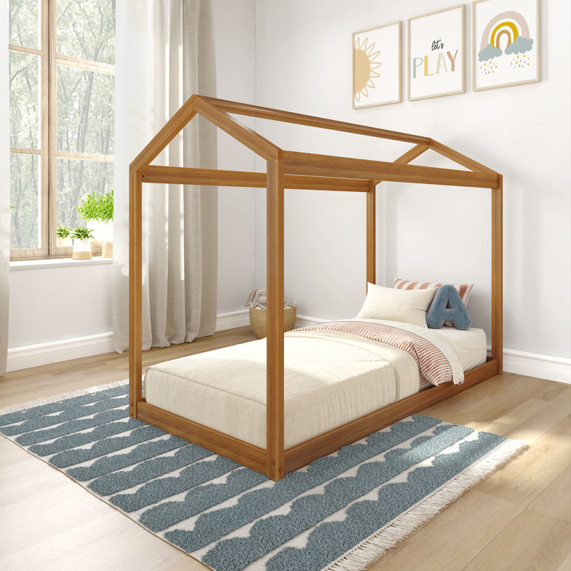Annja Twin Solid Wood Four Poster Bed, Pecan
