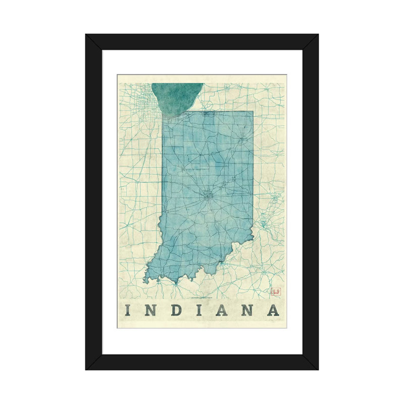 « indiana map », impression sur toile, H 24 po x l 16 po x P 1 po, Papier d'art encadré noir, Blanc