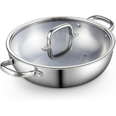 Cook N Home Tri-Ply Clad 12-Inch Stainless Steel Wok Pan with Lid, Flat Bottom Wok Stir Fry Pan, Dishwasher and Oven-Safe, Compatible with All Cooktops