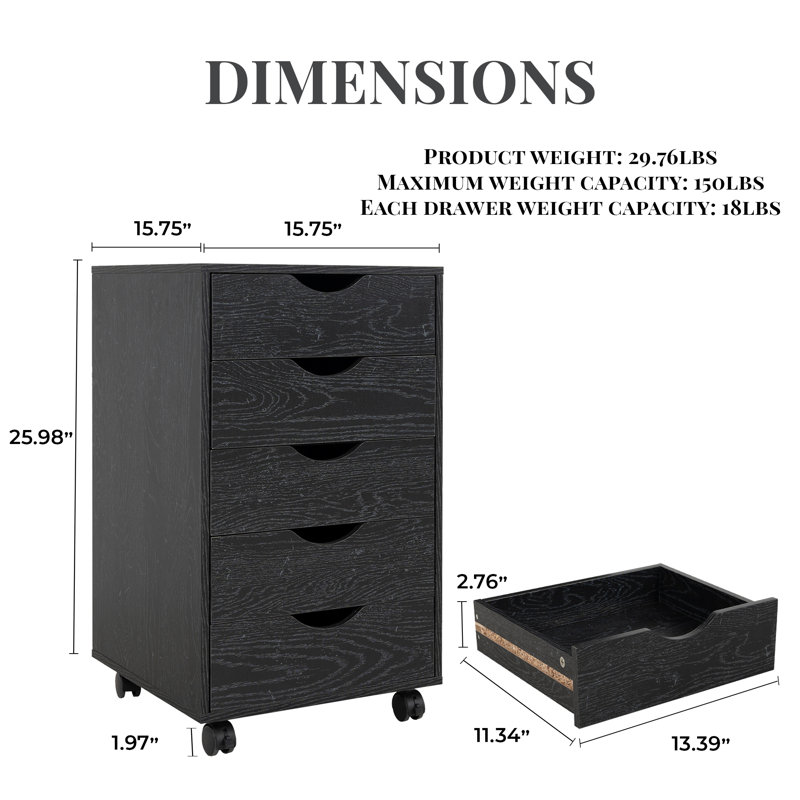 5 Drawer Chest File Cabinet, Wooden Storage Filing Cabinet with Wheels, Office File Cabinet, Office Alex Drawers for File storage