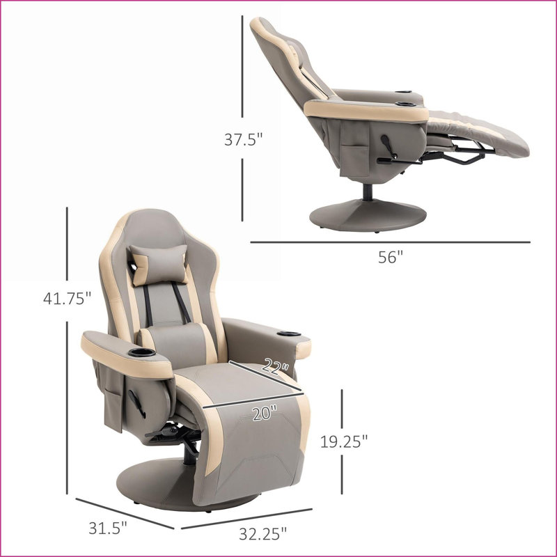 Recliner Chair, HOMCOM Manual PU Leather Swivel Recliner with 135° Recline, Cup Holder &amp; Storage | Charcoal Gray | Steel Frame