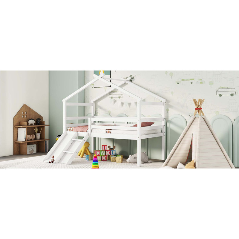 Grey Watsons Low Loft House Bed With Slide, Ladder, Safety Guardrails & Roof Structure, Blanc