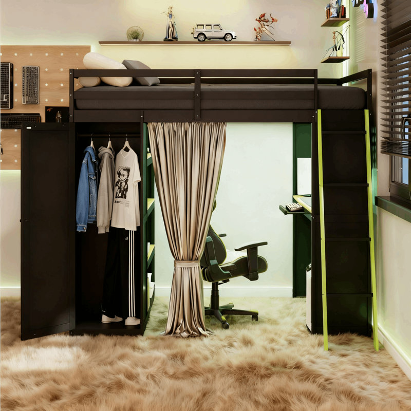 Modern Gaming Loft Bed With Desk, Lighted Pegboard, Storage Bookcase And Wardrobe, Green