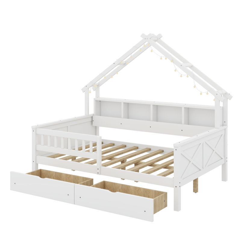 Lits plateforme en bois pleine grandeur avec DEL, tablettes de rangement, tiroirs et garde-corps, Blanc