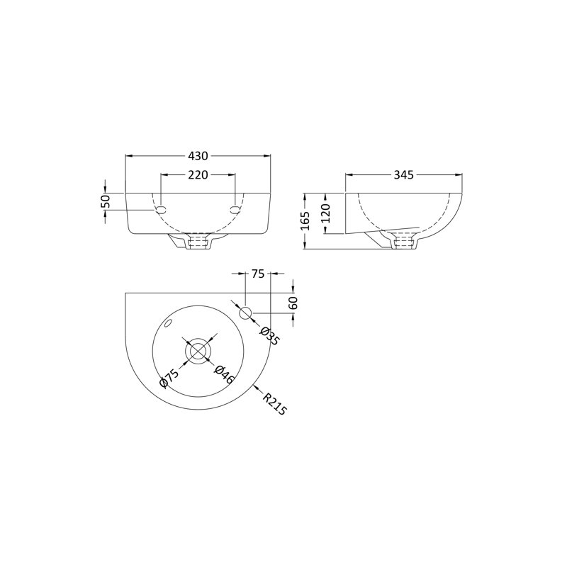 Nuie Melbourne 430mm L x 345mm W White Vitreous China U-Shaped Sink with Overflow