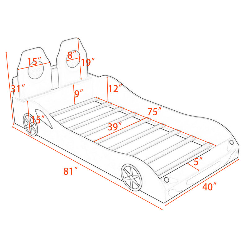 Twin Wooden Car-Shaped Platform Bed with Upholstered Backrest and LED, Blue