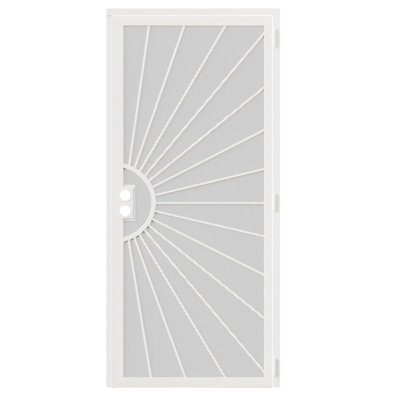 Security Screen Door 36" x 80" Perforated Mesh Steel Exterior Door with Rust-Resistant Finish and Dual-Bore, Universal/Reversible Outswing White Powder Coated, Sturdy with Optimal Airflow & Prevent Insect for Front or Patio Entry, back porches, balconies