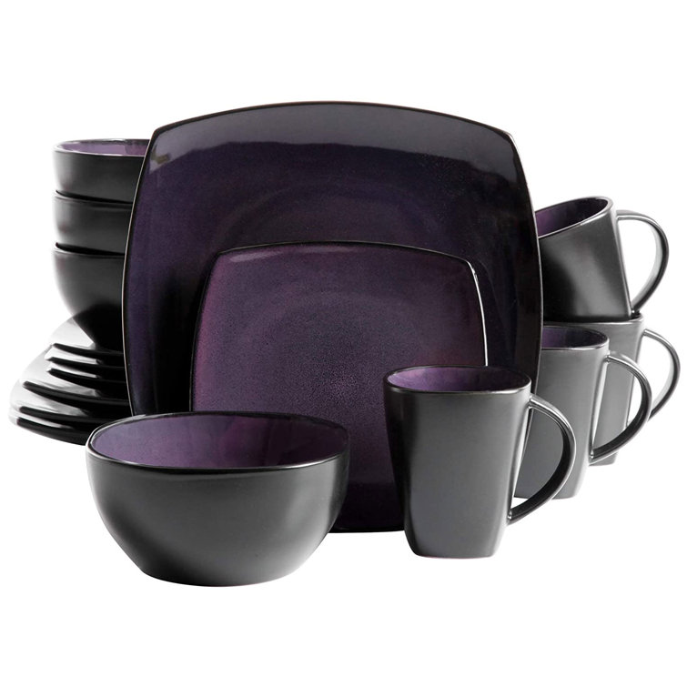 Gibson Elite Soho Lounge 16 Piece Plates, Bowls, And Mugs Set, Purple (2 Pack)