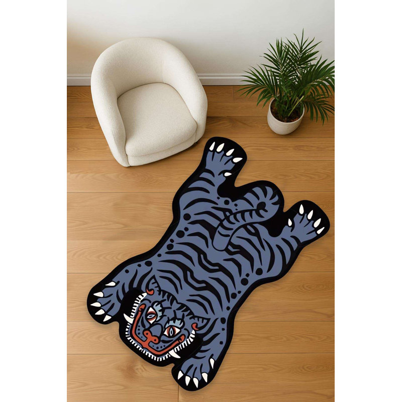Midnight Blue Traditional Tattoo Tiger Accent Rug