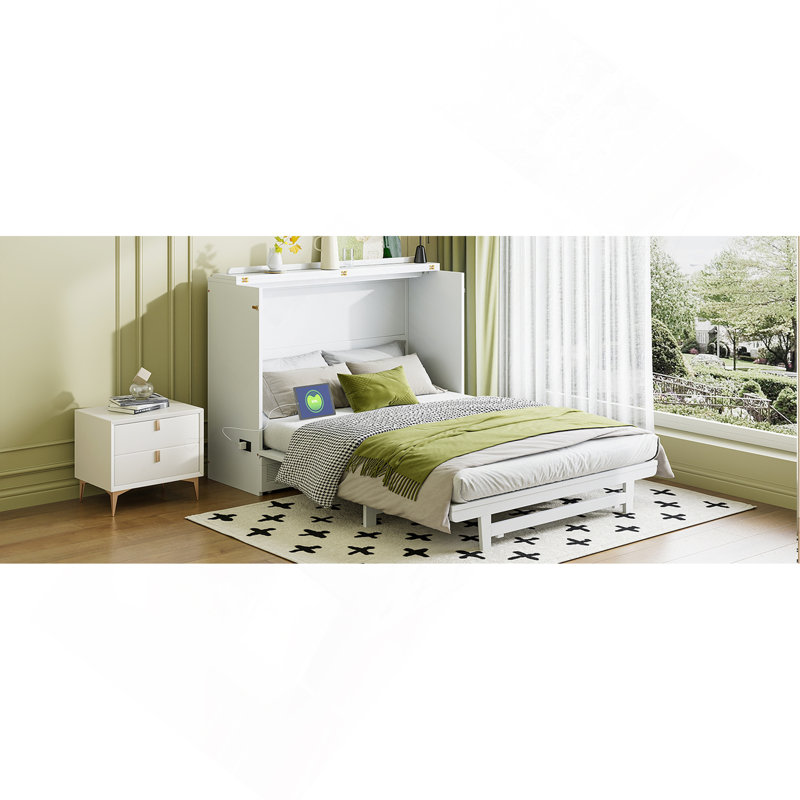 Lit escamotable double avec grand tiroir, ports et prises USB, blanc