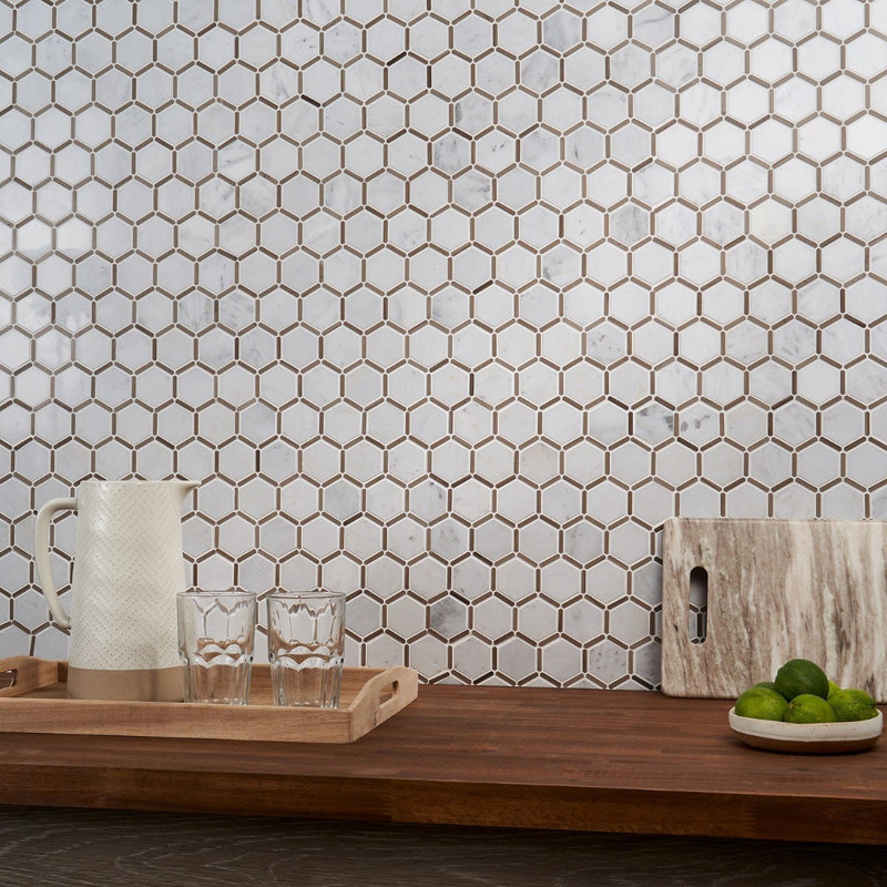 Florentine 2"Hexagon Polished Marble Mosaic, Asian Statuary White/Gray