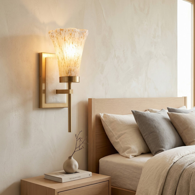 1-Light Antique Brass Wall Sconce with Handblown Glass and Alabaster Accent