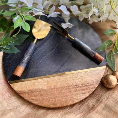 LuxeDesigns 12" Round Black Marble and Wood Cheese Board Set with 2-Piece Knife Set