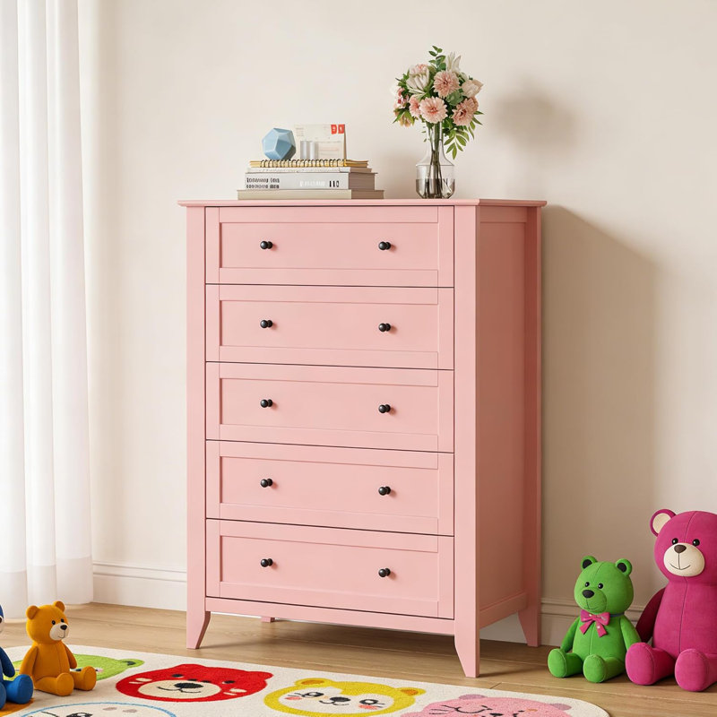 Commode haute 5 tiroirs, commode moderne en bois avec boutons en métal pour chambre à coucher, placard ou chambre de bébé, rose