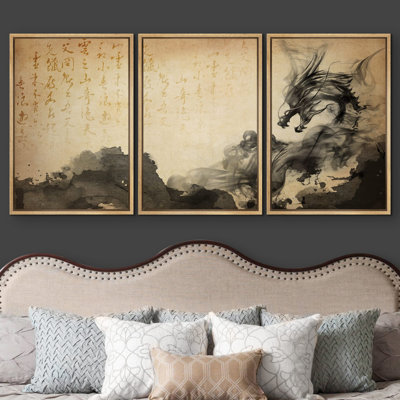 Duotone Sepia Smoke Dragon with Chinese Text Nature Wilderness Illustrations Modern Art Cultural