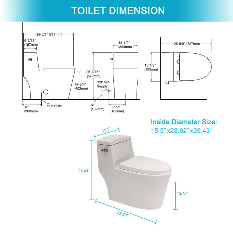 Toilette en céramique blanche à une pièce - avec jupe, chasse d'eau Tornado, siège silencieux, pièce moderne d'espace, système de chasse d'eau, surface élevée