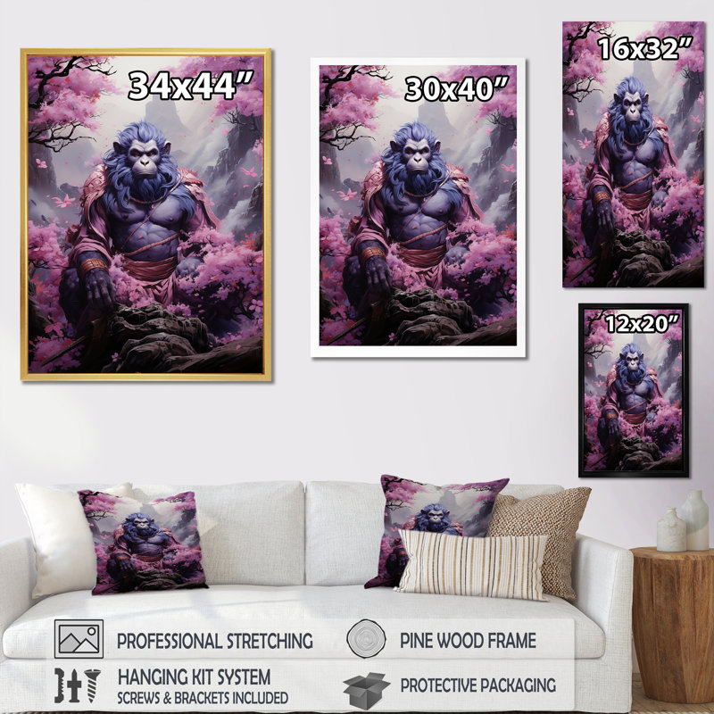 Hindu Gorilla God Mountain Mauve, reproduction d'art sur toile, Cadre simple noir, H 32 po x l 24 po x P 1 po