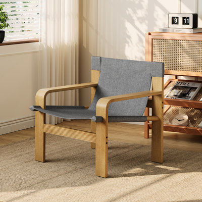 Mid - Century Dark Grey Linen Fabric Oak Accent Chair, Detachable Cover, Wide , Solid Wood Frame, Comfortable For Drawing Fabric, And