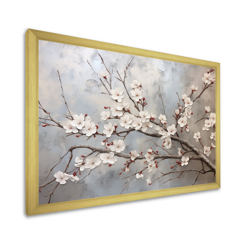 Fleur de cerisier minimaliste gris et beige I - art mural Cherry Blossom, H 34 po x l 44 po x P 1,5 po, Cadre doré