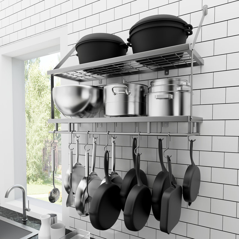 Wall Mounted Pot Rack Kitchen 30 Inch 2-Tier Wall Shelf with 12 Hooks, Silver Grey
