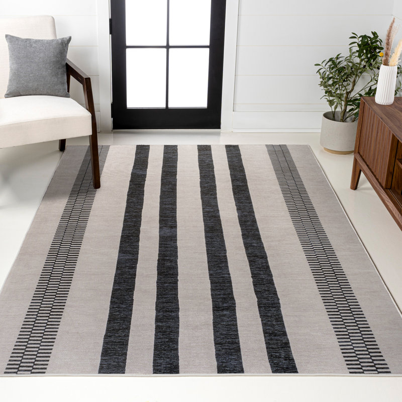 Elvin Geometric Striped Machine-Washable Ivory/Dark Gray Rug, Rectangle 3'11" x 6'