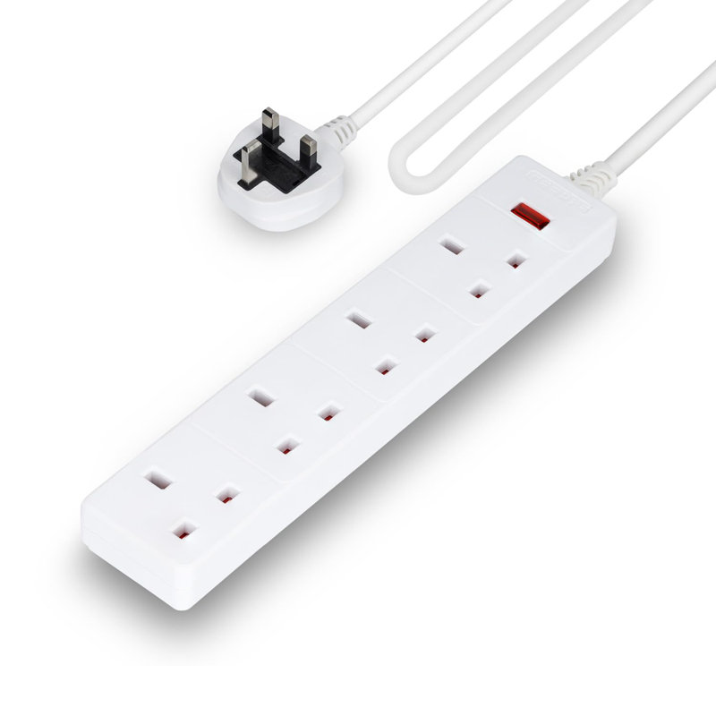 GEEPAS 4 Gang Extension Lead, 2M Cable | 4-Way Plug Extension Cable With Neon Indicator Light | Wall Mountable & Multi Socket Mains Strip For Home Bedroom Office | Heavy Duty UK Plug | White