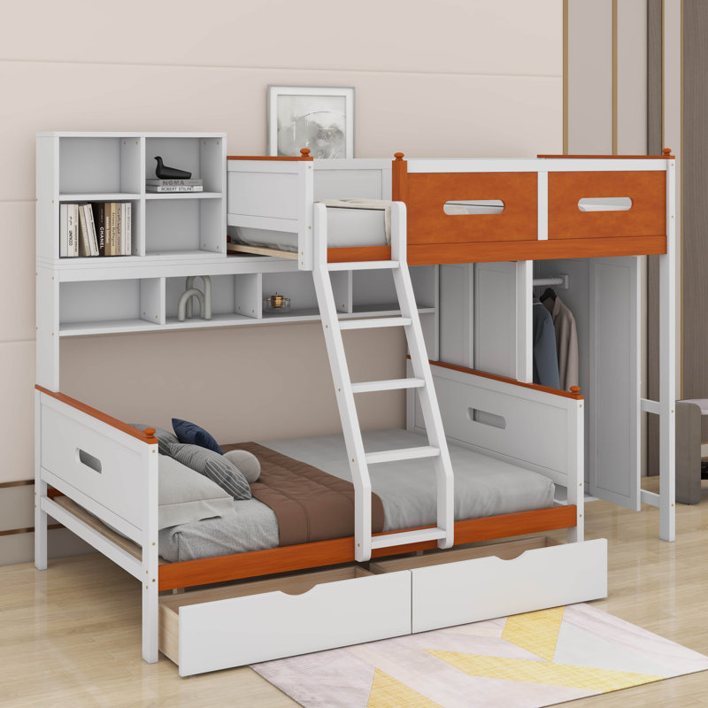 Lit superposé simple au-dessus d'un lit double en bois avec tablettes, tiroirs, garde-robe et lumière DEL
