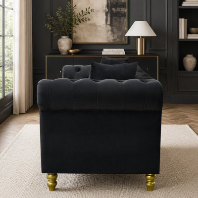 Canapé Chesterfield de 85 po en velours avec pieds dorés, canapé capitonné de luxe pour le salon, canapé Chesterfield moderne de style Mid-Century 3 places (noir)