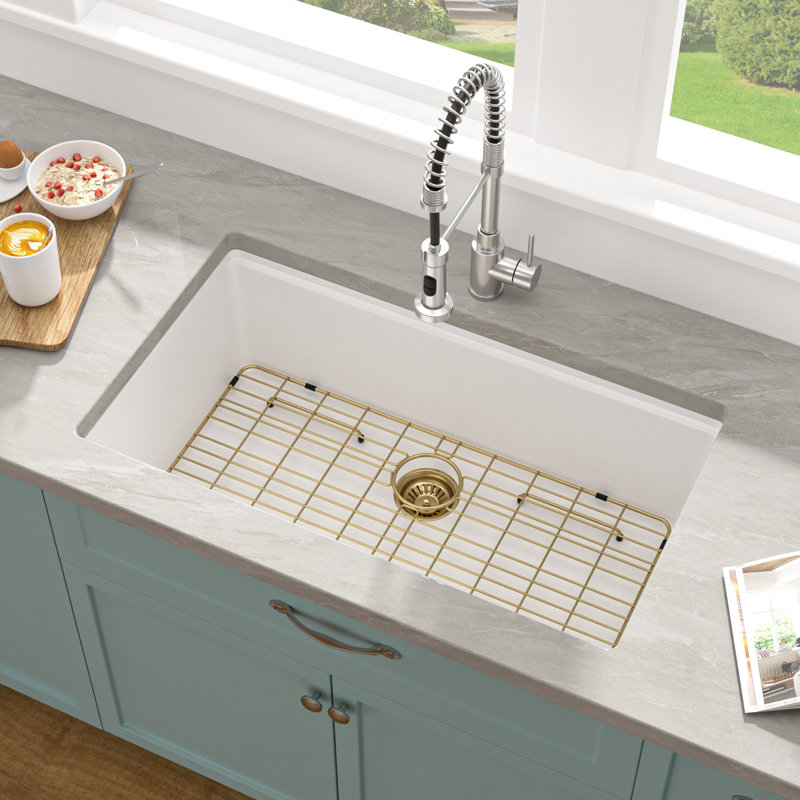 Évier de cuisine à cuve simple en composite de granite 33 po x l 19 po avec comptoir en quartz, Blanc