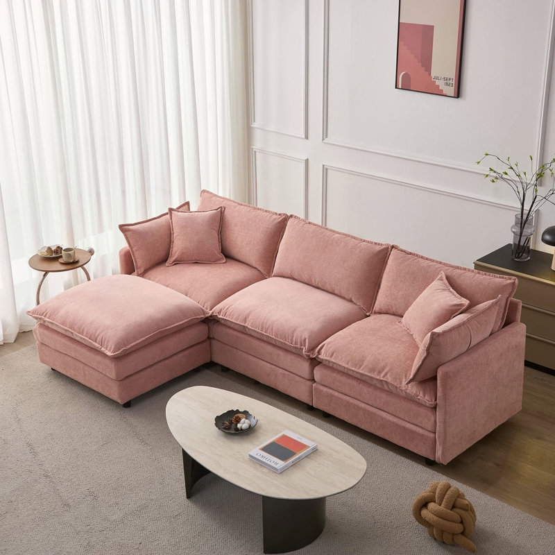 Canapé modulaire de 105 po en tissu de chenille rembourré de 105 po, canapé 3 places avec repose-pieds rose, Rose