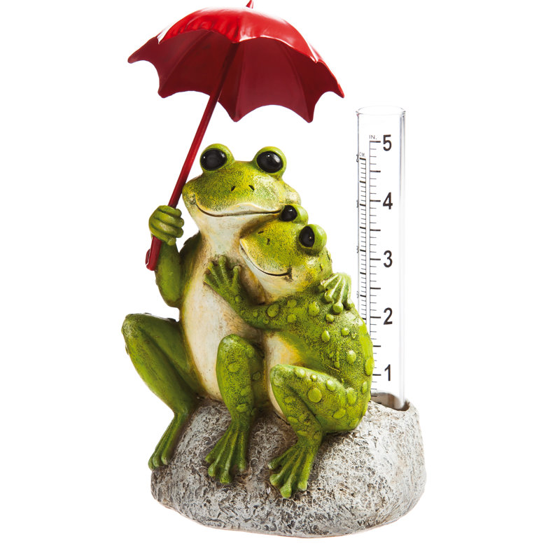 Green Frog Couple Garden Statue with Red Umbrella and Rain Gauge