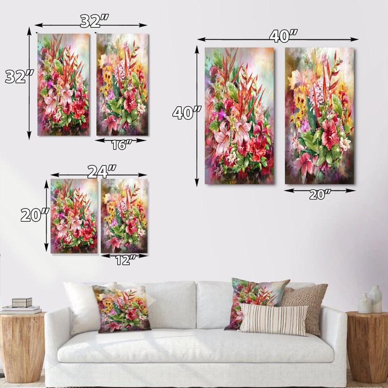 Ensemble de 2 peintures sur toile rétro multicolores printanières, Toile tendue, H 20 po x l 24 po x P 1 po