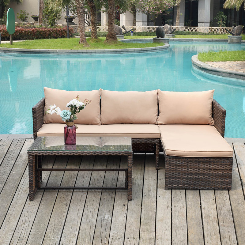 3 Piece Patio Conversation Sofa Seating Group With Cushions, Tan